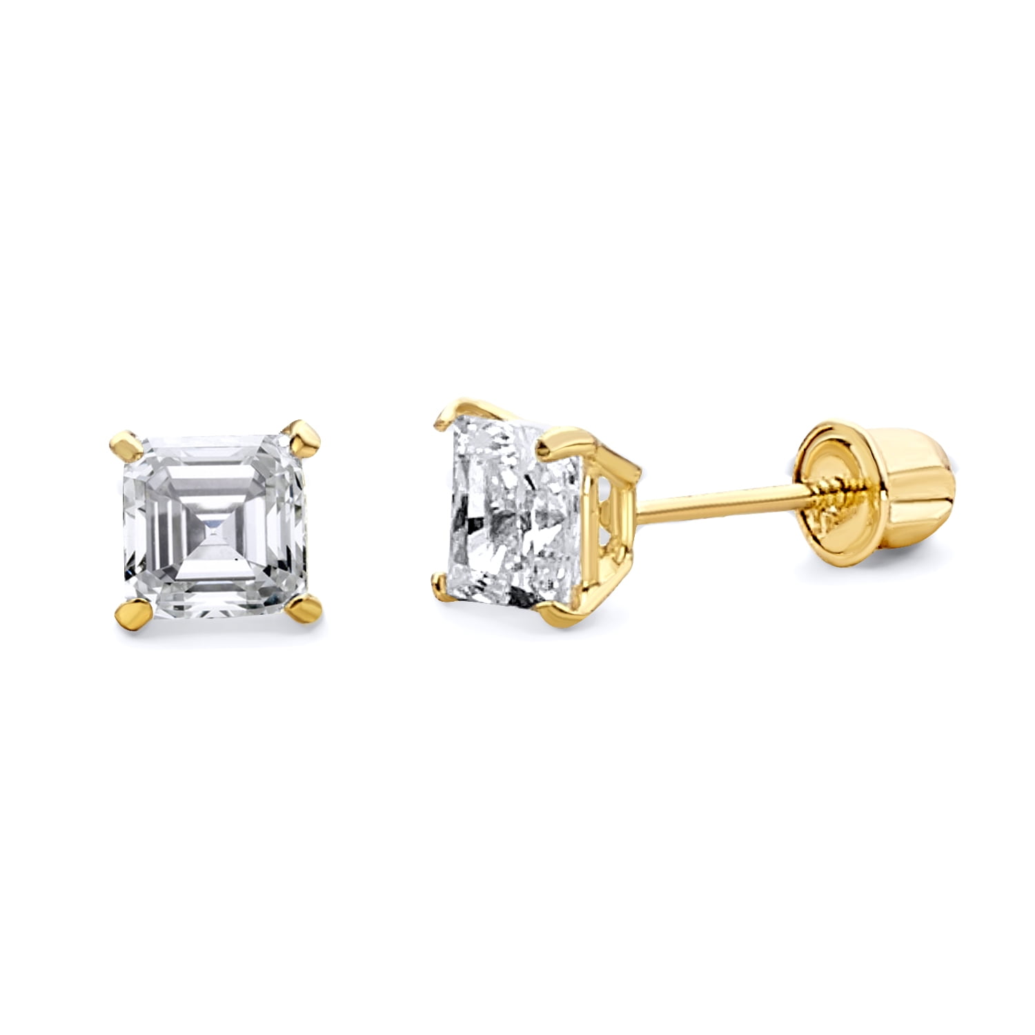 Wellingsale 14K Yellow Gold Polished 6mm Princess Solitaire Basket Style Prong Set Stud Earrings With Silicone Back