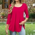 thumbnail image 4 of Crunowin Women's Round Neck Pleated Blouse Tops 3/4 Sleeve Solid Tops Hot Pink Size M, 4 of 5