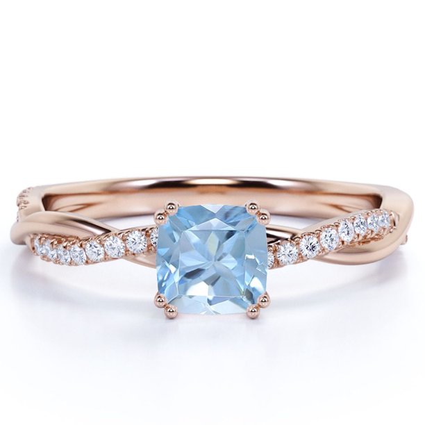 JeenMata Anillo de Compromiso con Banda Retorcida de Moissanita y Aguamarina de Talla Cojín de 1,75 Quilates en Oro Rosa de 18 K sobre Plata