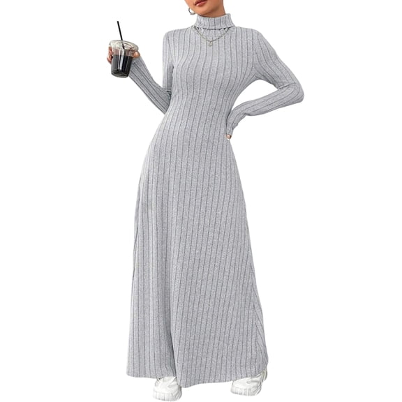 Women Long Sleeve Maxi Dress Fall Winter Casual Turtle Neck Ribbed Knit Bodycon Going Out Dresses Light Gray XS