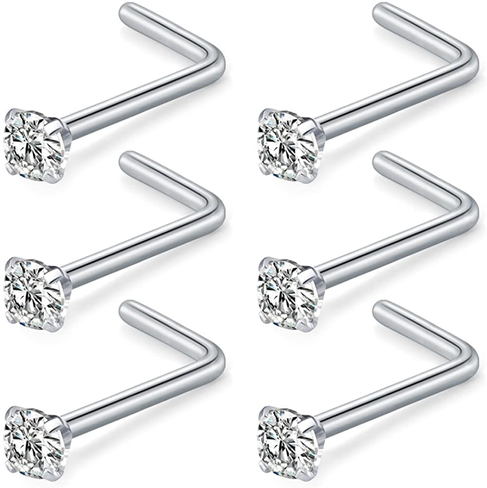 316L Surgical Steel Nose Stud Screw LBend Bone Ring 2.5mm Square CZ 22G 20G 18G 