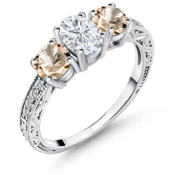 Gem Stone King 925 Sterling Silver Peach Morganite Ring Set with Oval Moissanite (1.82 Cttw) (Size 8)