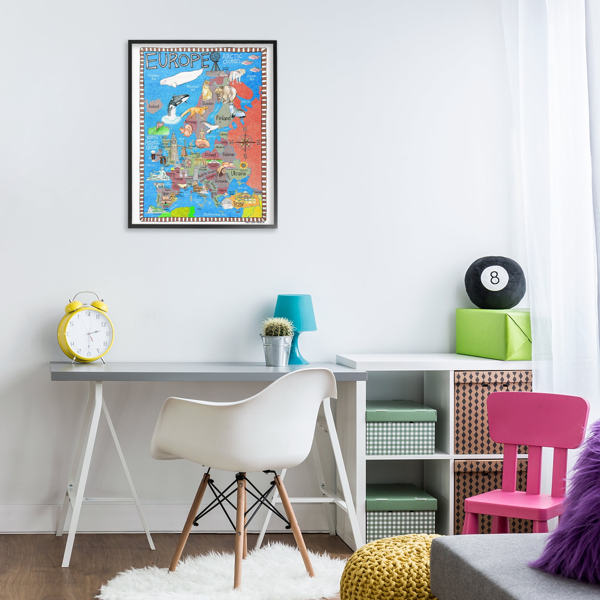 Stupell Industries Europe Animal Map Travel & Places Painting Black Framed Art Print Wall Art, 24 x 30