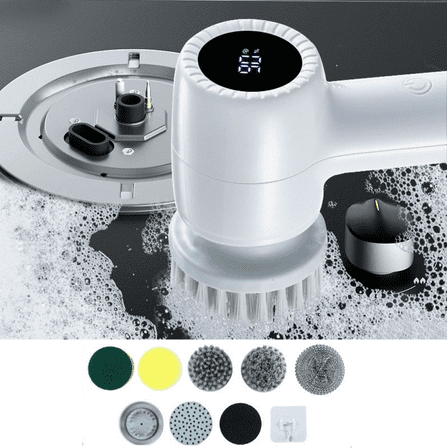 Electric Spin Scrubber, Cordless Shower Scrubber with Battery Level Display, 2 Speeds Electric Scrubber for Cleaning with 6 Replaceable Heads, Cleaning Brush for Bathroom/Sink/Window