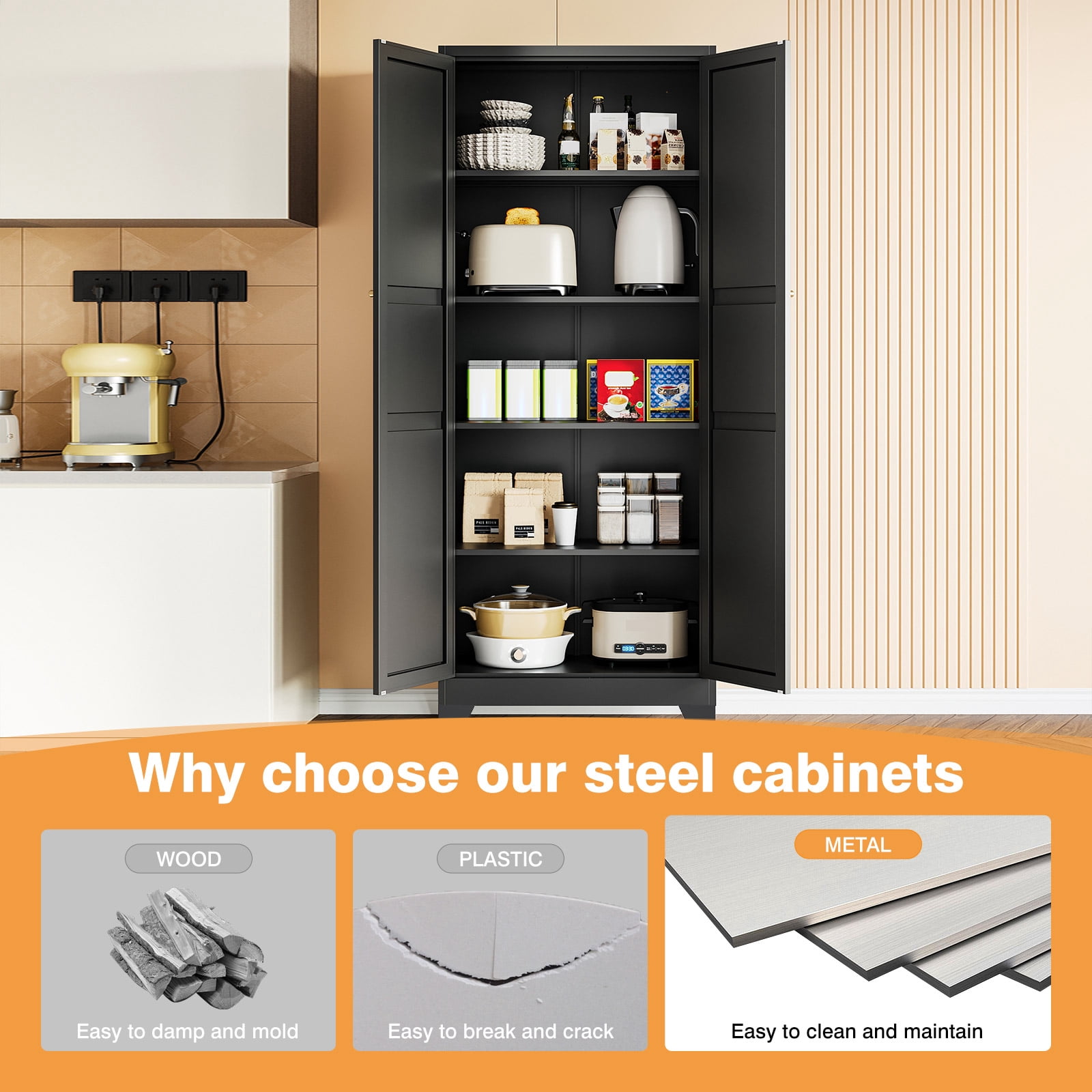 STANI 75"H Freestanding Storage Cabinet with 4 Adjustable Shelves and Legs, Metal/Alloy Steel, for Cupboard/Dining Room/Bathroom/Living Room/Office/Laundry Room (Black, 75"H)