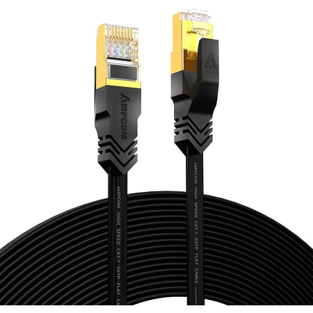 AMPCOM CAT7 Ethernet Cable 100ft - Flat & Slim Design, 10 Gigabit Speed, Gold Plated RJ45, For Gaming, Router, Modem
