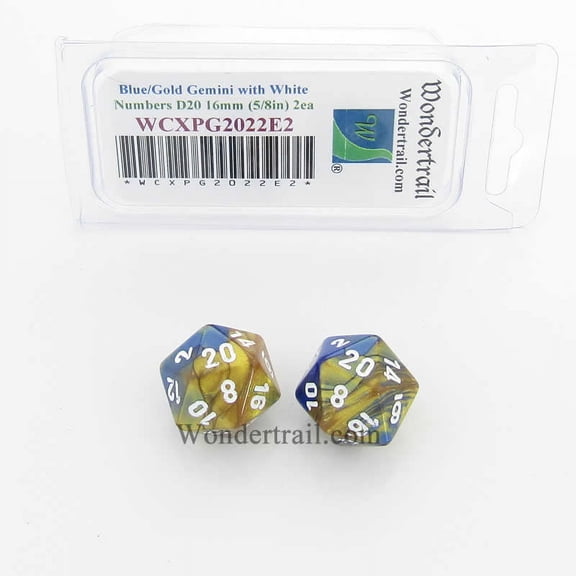 Blue and Gold Gemini Dice with White Numbers D20 Aprox 16mm (5/8in) Pack of 2 Wondertrail