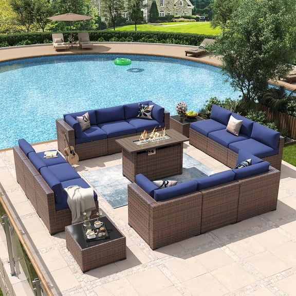 Aoxun 15 Piece Patio Furniture Set with 44” Fire Pit Table Wicker Rattan Outdoor Sectional Sofa Set with Coffee Table and 4” Thickened Cushions, Blue (Waterproof Cover Included)