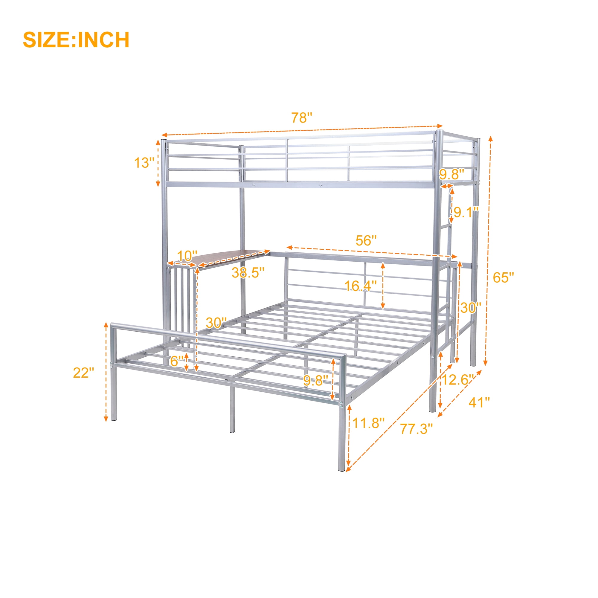 Kepooman Twin Over Full Metal Bunk Bed with Desk & Ladder for Bedroom Dorm, 78"L x 41"W x 65"H, Silver Kepooman Twin Over Full Metal Bunk Bed with Desk & Ladder for Bedroom Dorm, 78"L x 41"W x 65"H, Silver