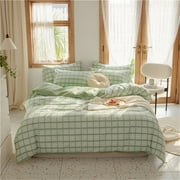 MICBRIDAL Green Plaid Duvet Cover Queen Soft 100% Cotton Reversible Grid Plaid Bedding Set with 2 Pillowcases Modern Geometric Plaid Comforter Set with Zipper Closure 4 Ties