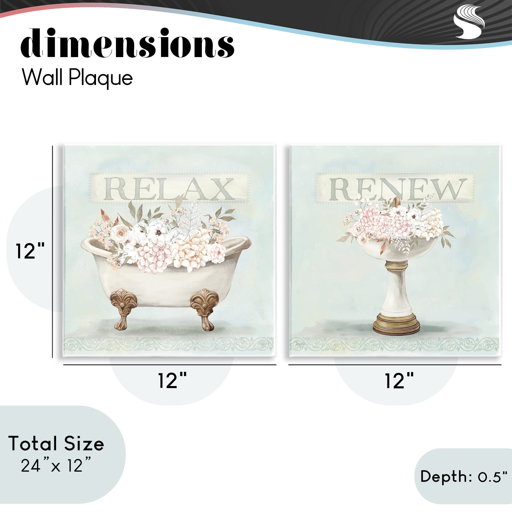 Stupell Industries Antique Florals Relax Renew 2 Piece Wall Plaque Art Set, design by Mollie B.