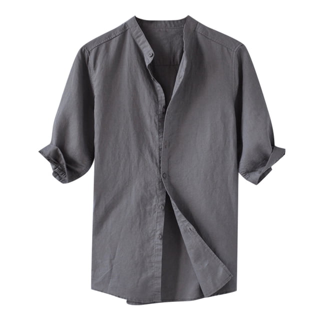Leutsin Summer Men's Breathable Solid Color Button Cotton Shirt Five-point sleeve Sleeve