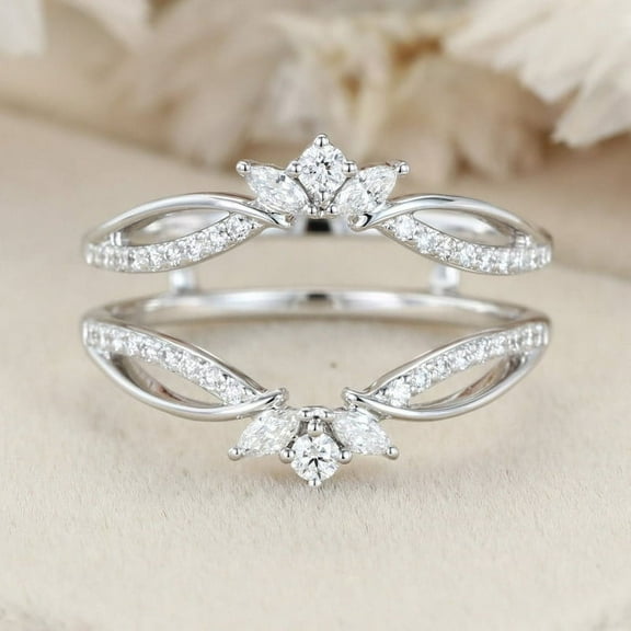 Bow Jewelry 14K White Gold Plated Double Banded Ring - Round Cut 1.37 Ct White Moissanite Wedding Ring - Engagement Enhancer Ring Band for Mom - Daily Wear Ring