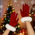 thumbnail image 4 of hoksml Women's Red Velvet Fashion Short Gloves with Feather Cuff for Christmas Wedding, 4 of 8