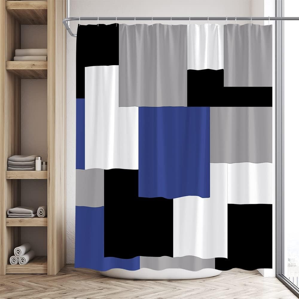 Modern Geometric Shower Curtain Blue and Gray White Black Bathroom Accessories Decor Polyester Bath Curtain Textured Fabric with Hooks Machine Washable 36Wx70H Inch