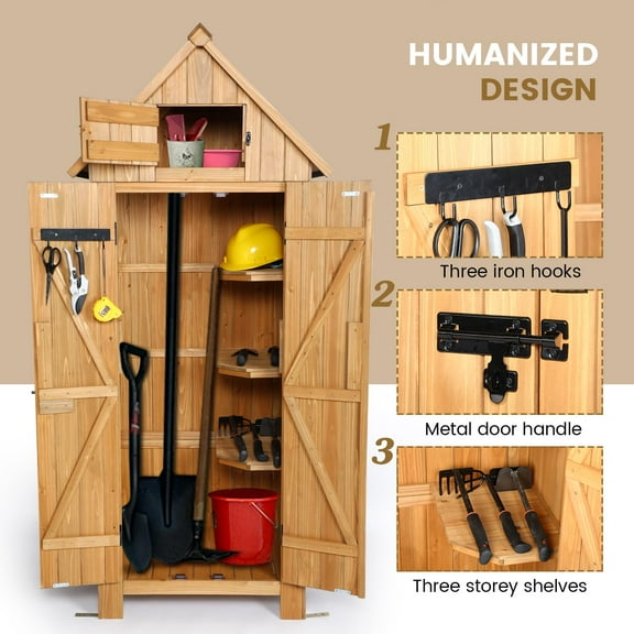 EastVita Remise à Outils de Jardin en Bois Étanche, Remise de Rangement Extérieure avec 3 Tablettes et Portes Verrouillables, Armoire de Rangement Verticale pour Patio, Bois