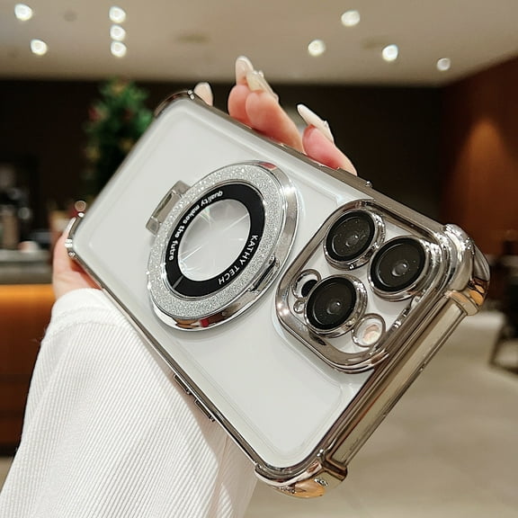 Allytechgroup Glitter Case for iPhone 17 Pro Max, Clear Back Cover with Ring Holder Compatible with Magsafe Wireless Charging Anti-Yellow Shockproof Phone Case for iPhone 17 Pro Max, Gray