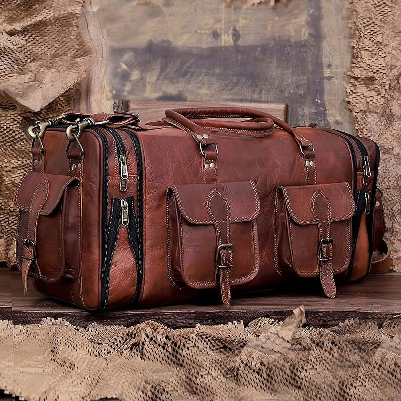 RUZIOON Handmade Vintage Travel Luggage 20 Inch Duffel Gym Sports Bag Weekender Travel Overnight Carry One Duffel Bag For Men (20 inch)