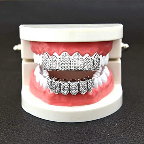 Iced Out Diamond Teeth Grillz for Men Women,Hip Hop Silver Gold Grills for your teeth Top and Bottom,Rapper Costume Mouth Grillz with Silicone Molding Bars