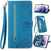for Samsung Galaxy A53 5G Wallet Case, [Flower Embossed] Premium PU Leather Wallet Flip Protective Phone Case Cover with Card Slots Zipper Pocket Stand with Lanyard for Galaxy A53 5G,Blue
