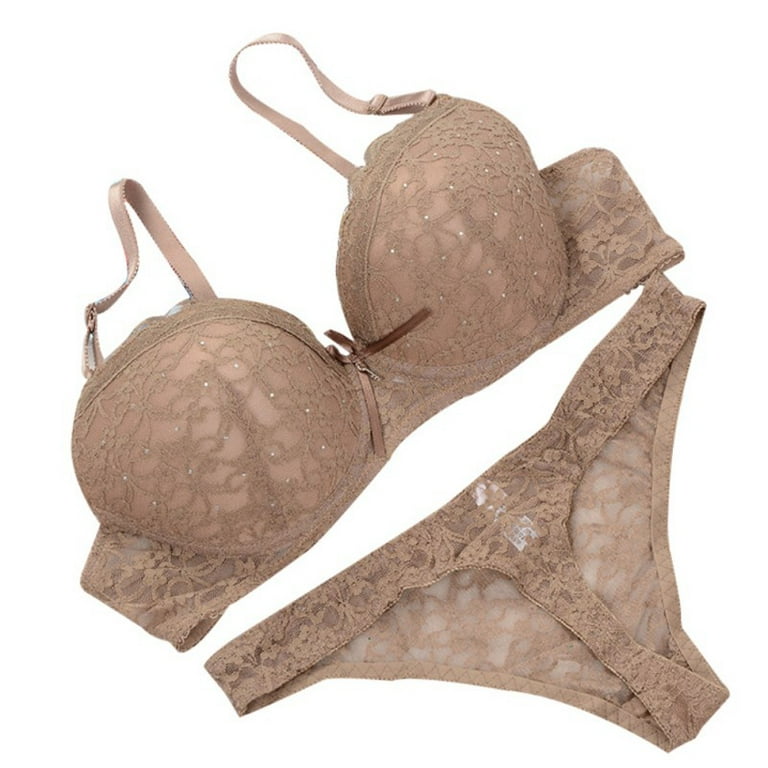 Promotion Clearance Sexy Women Lace Drill Bra Set Push Up Underwear Set Bra  And Thong Set Brown 80C 