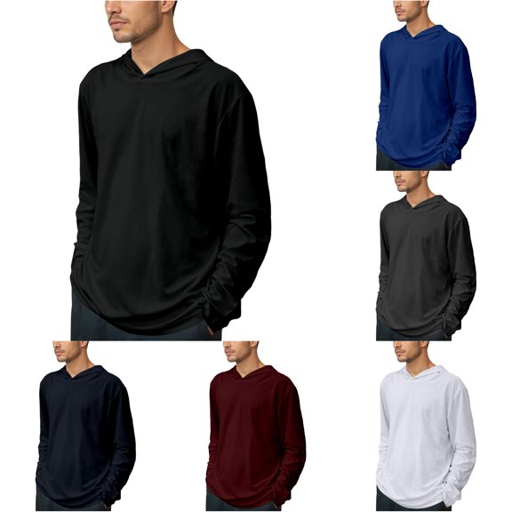 CUSTG Men Tshirts Long Sleeve Hooded Workout Shirt Athletic Performance Tops Wicking Gym Tee For Running Training Fitness Boho Solid Color Summer T-Shirts