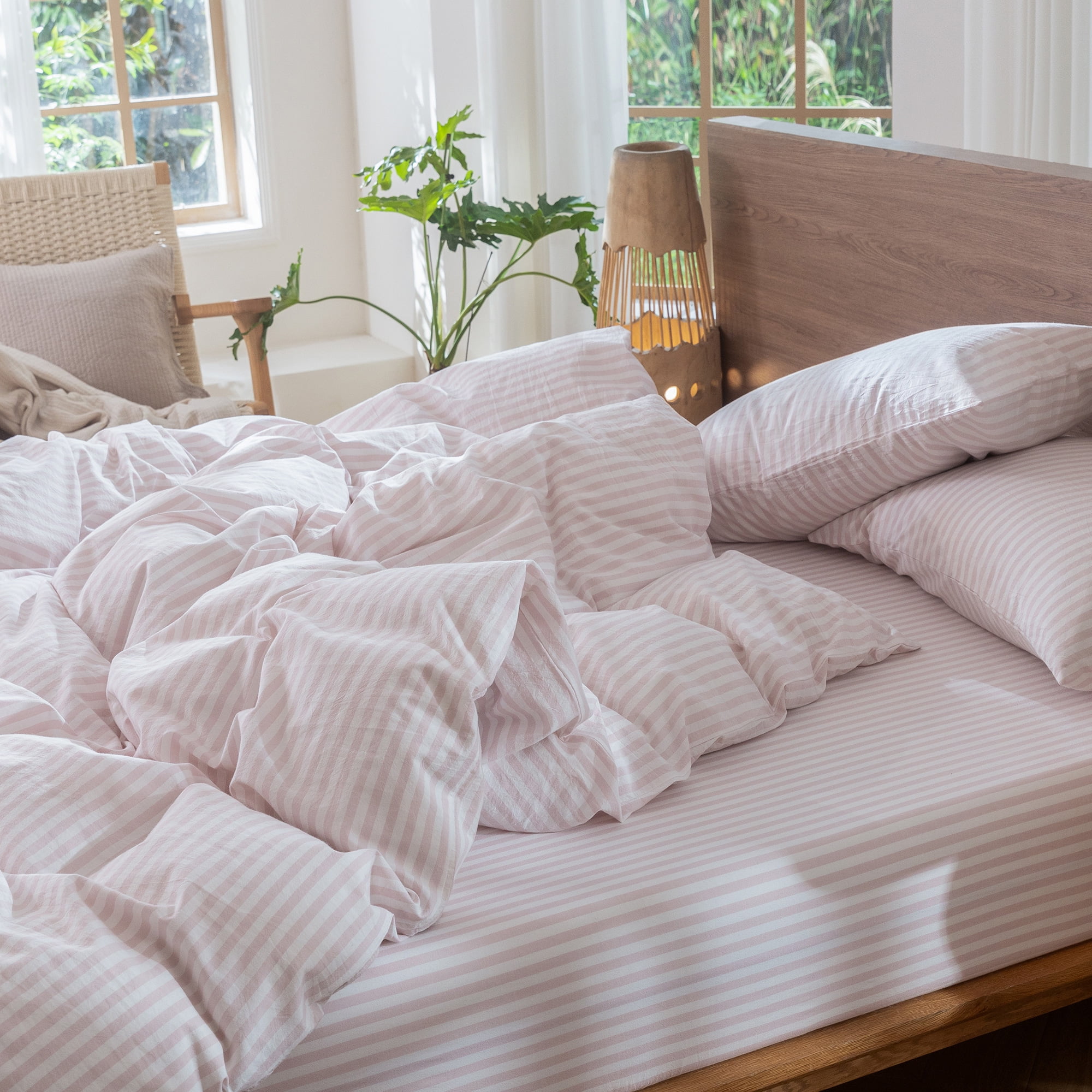 MooMee Striped Duvet Cover Set King 100% Washed Cotton Linen Like Textured Breathable 3-Piece (Greyish Pink& White Classic Stripes, 104"x90")
