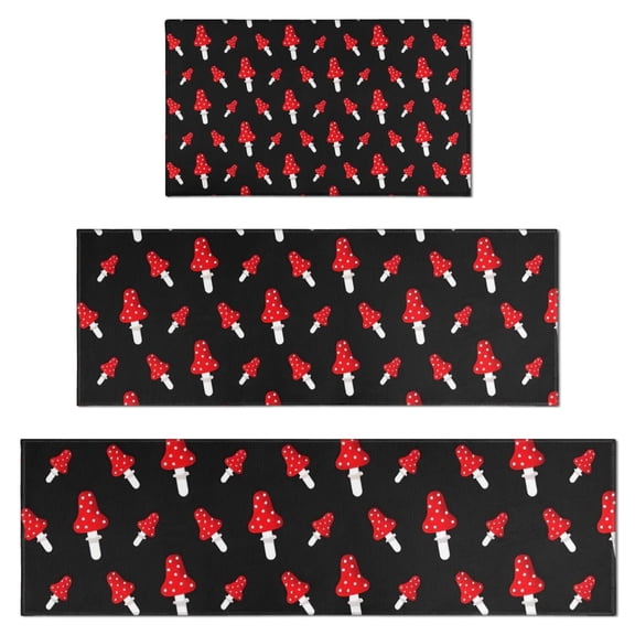 Red Mushroom Black Pattern Kitchen Rugs Sets Of 3,Kitchen Runner Rugs Non Skid Washable,Decorative Kitchen Floor Mats for Kitchen,Sink,Laundry,17"x30" 17"x47" 17"x59"