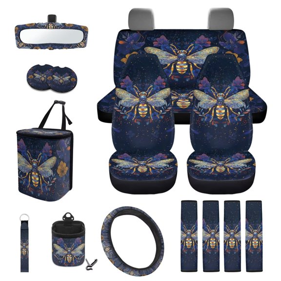 KUIFORTI Bee Flower Car Seat Covers Elastic Fabrics 15 Pack Car Accessories Full Set for Women Men with Auto Seat Belt Cover Soft Washable Universal Fit Most Vehicles Cars SUV