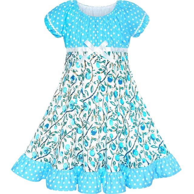 Robe Fille Bleue à Pois Vintage Classique Robe de Vacances 7 Ans