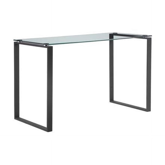 Benjara Elen 47" Desk- Rectangular Tempered Glass- Black Powder Coated Metal
