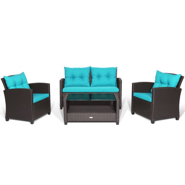 Patiojoy Patio Rattan 4PCS Cushioned Chair Coffee Table Classic Furniture Set Bistro Set Single Sofa with Thick Cushion for Garden Turquoise