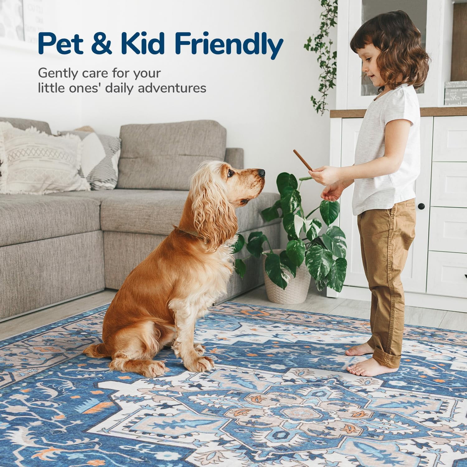 Reepow 8x10 Blue White Machine Washable Super Soft Faux-Wool Vintage Floral Boho Non-Slip Low Pile Area Rugs for Living Room Bedroom