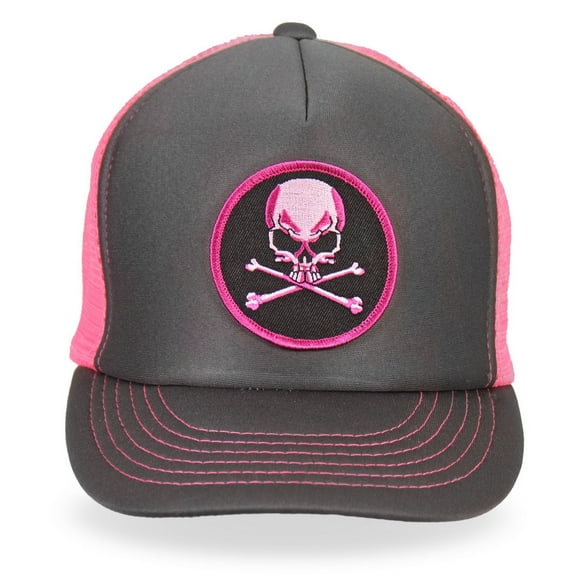 Hot Leathers GSH1011 Skull and Crossbones Grey and Pink Trucker Hat One Size