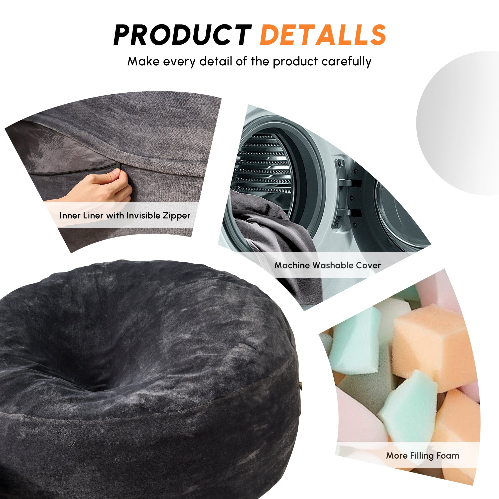 Vcatnet 59" Oversized Bean Bag Chair for Adults with Ottoman Giant Bean Bag Sofa Couch with Memory Foam Upholstered Lazy Floor Sofa for Living Room Bedroom, Dark Gray
