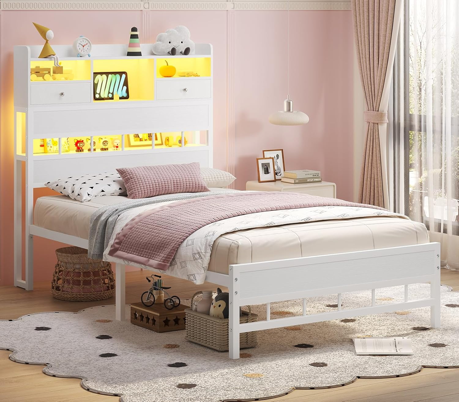 Afuhokles Twin Size Platform Bed Frame with Storage Headboard and Charging Station, White