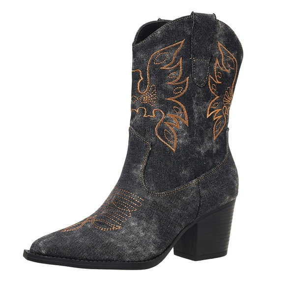 YLYL Women's Cowgirl Boots Embroidered Stitched Rodeo Pointed Toe Chunky Block Heel Classic Pull on Western Booties