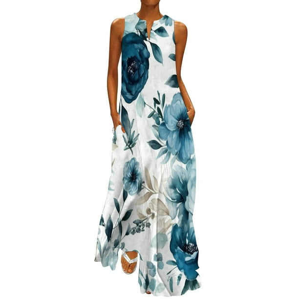 Gibobby Vestido largo casual de verano para mujer Vestido largo adecuado para mujer, vestido largo elegante suelto a la moda de verano para mujer, vestidos florales (Azul,XL)
