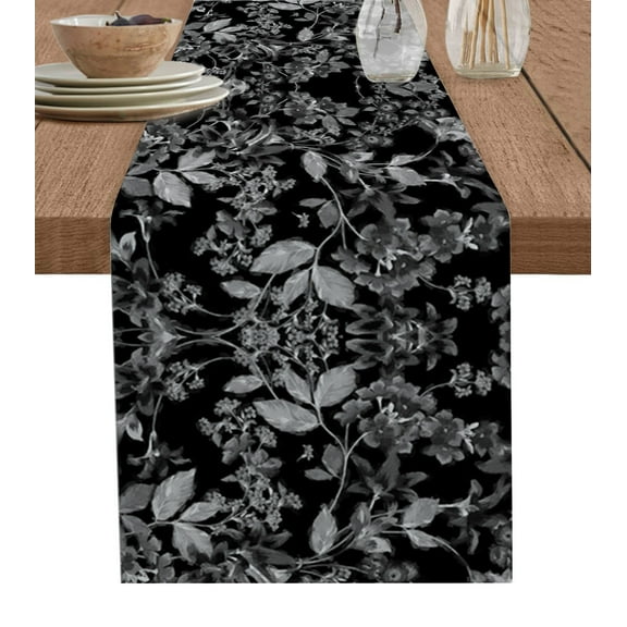 Black and White Floral Table Runner Modern Oil Painting Abstract Art Tablerunners 13 x 108 Inch, Table Decorations Tabletop Scarf for Summer Gathering Holiday Farmhouse Kitchen Dining Decor