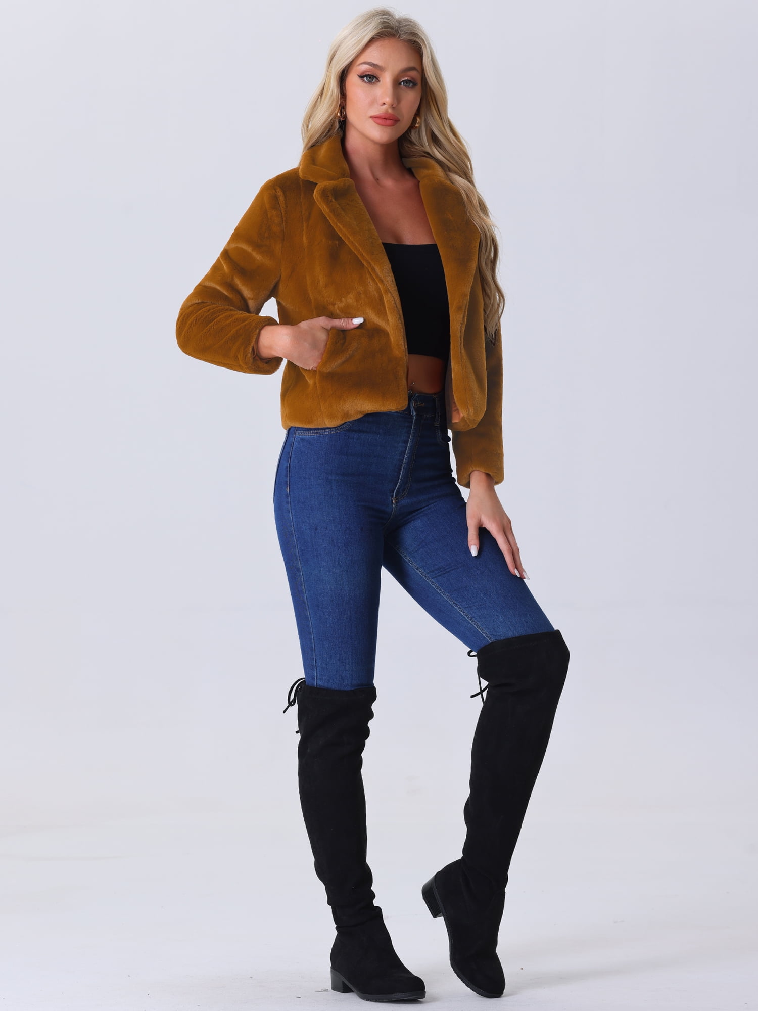 DARING DIVA Women's Cropped Notch Lapel Faux Fur Fluffy Coat M Brown