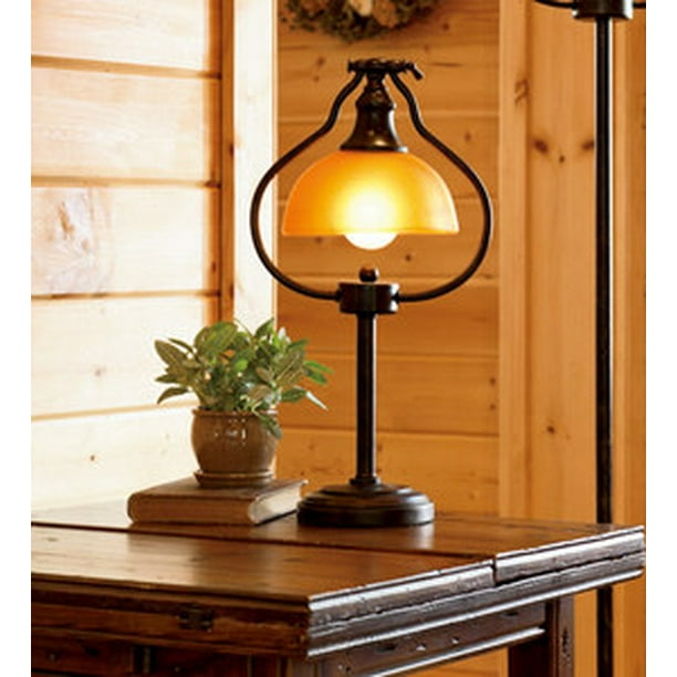 Library Table Lamp / Desk Lamp with Amber Glass Shade and Antique