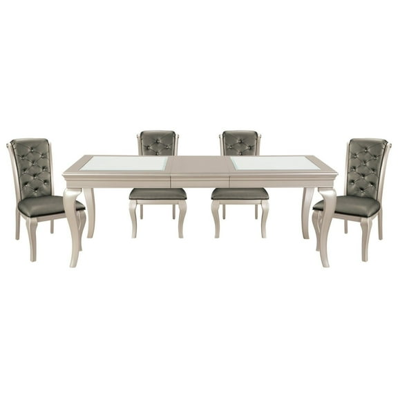 Modern Dining Furniture 5pc Set Table Extension Leaf 4 Side Chairs Gray Faux Leather Upholstered Button-Tufted
