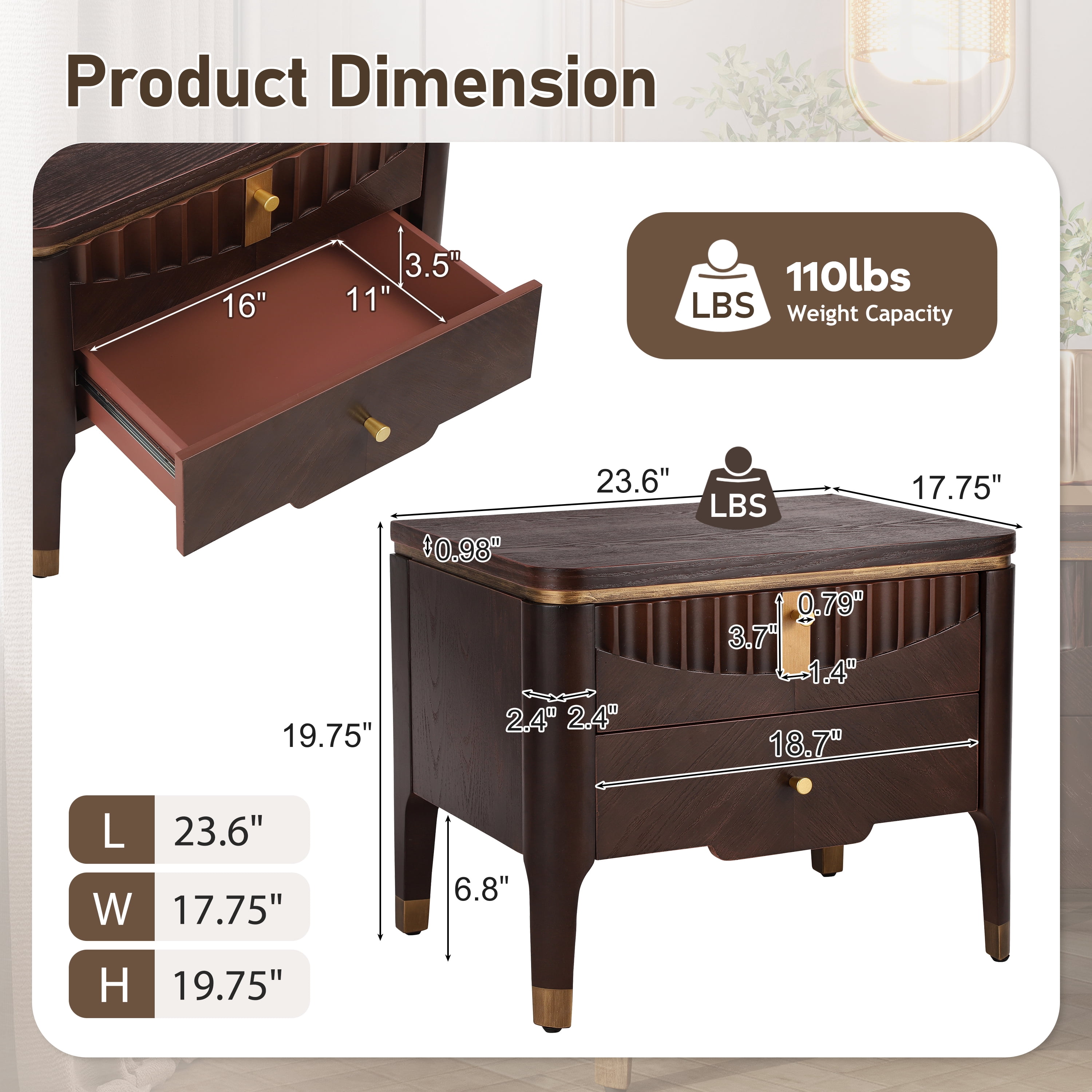 Noble House Table de Chevet Moderne avec 2 Tiroirs, Table de Chevet Design Vague avec Poignées en Métal, Brun Foncé