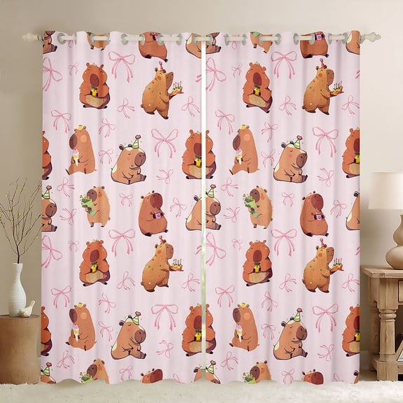 Erosebridal Brown Cartoon Capybaras Black Out Curtains For Kids,Pink Bow Cute Bowknot Curtains Pack of 2 (42x63 Each) For Bowtie Girls