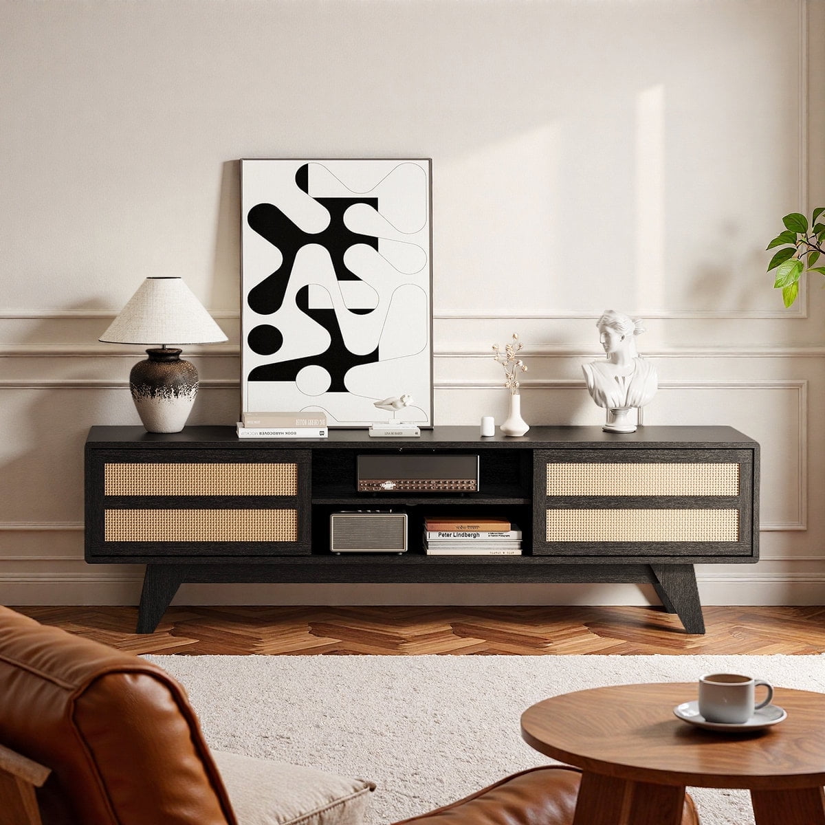 Home Modern Style 65 inch TV Stand for Living Room - Low Profile TV Stand for TVs up to 65 inches Entertainment Center with Storage - Media Cabinet with 2 Doors & Adjustable Shelves,Black