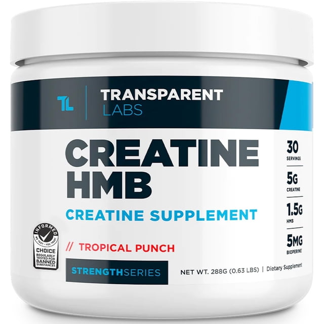 suplemento de creatina hmb de transparent labs para 30 porciones tarro blanco frontal con etiqueta que indica CREATINE HMB y "Creatine Supplement", sabor Tropical Punch; banda superior azul con logo TL y marca Transparent Labs, lateral muestra 30 servings, 5g creatina, 1.5g HMB, 5mg BioPerine y peso neto 288 g.