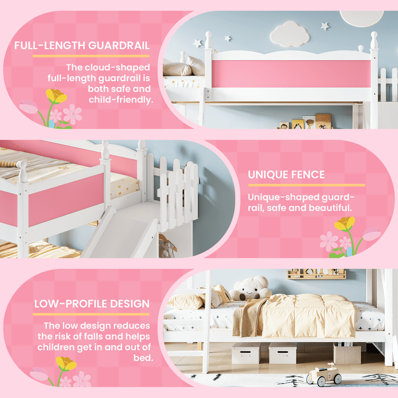 Full Over Full Bunk Bed with Slide and Ladder, Solid Wood Kids Bunk Bed with Storage Shelves and Hanging Rod, Low Profile Design, Full-Length Guardrails