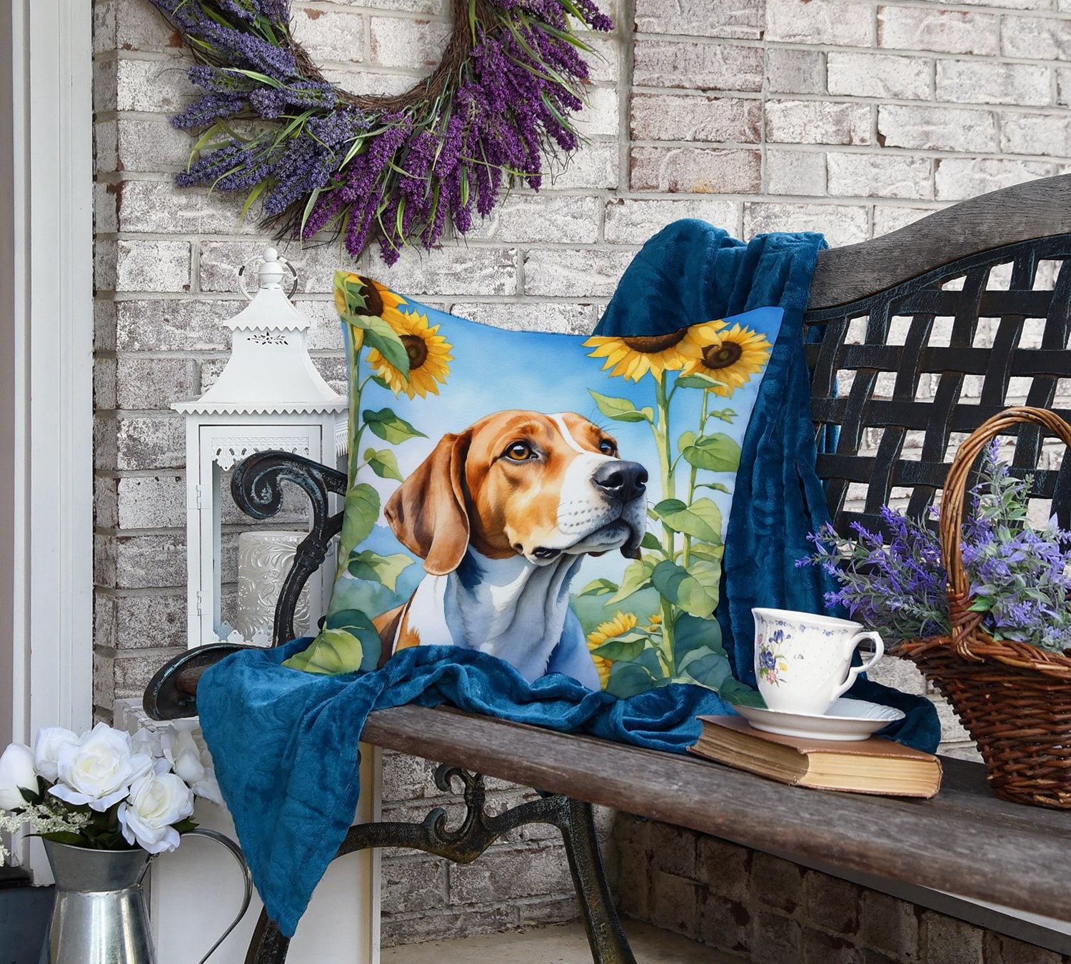 English Foxhound in Sunflowers Throw Pillow 18 in x 18 in
