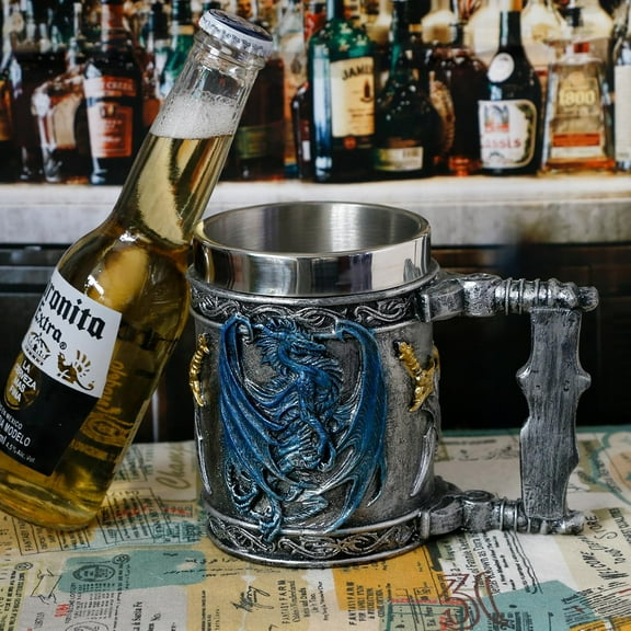 Medieval Blue Dragon D&D Game Mug of Throne Merchandise Beer Steins Viking Tankard Mug Stainless Coffee Cup Gift Mugs for Men Dragon Collector Themed Party Decoration