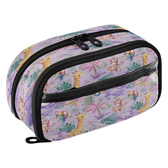 Large Pencil Pen Case Capacity PVC Pencil Pouch Makeup Bag for Women Man, Lavender Jungle AnimalsPrinted